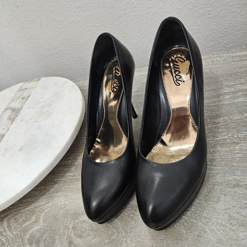 Gucci Black Leather Platform Pumps Heels Sz 37 US 7 - Picture 14 of 14